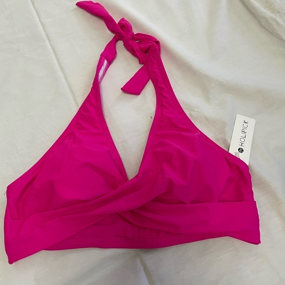 NWT hot pink crisscross front bikini top closure by Holipick size medium A10